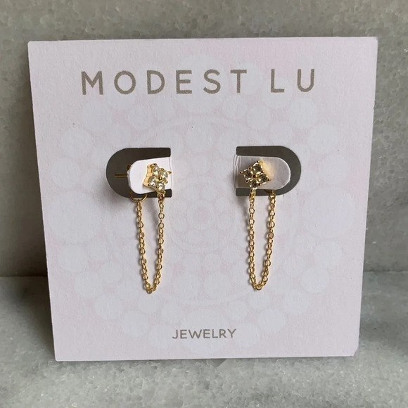 18K Gold Crystal Chain Stud Earrings - Picture 1 of 5